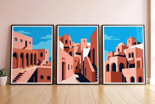 Set of Three Minimalist Mediterranean Architecture Art Prints in Black Frames Leaning Against a Pink Wall in a Modern Interior
