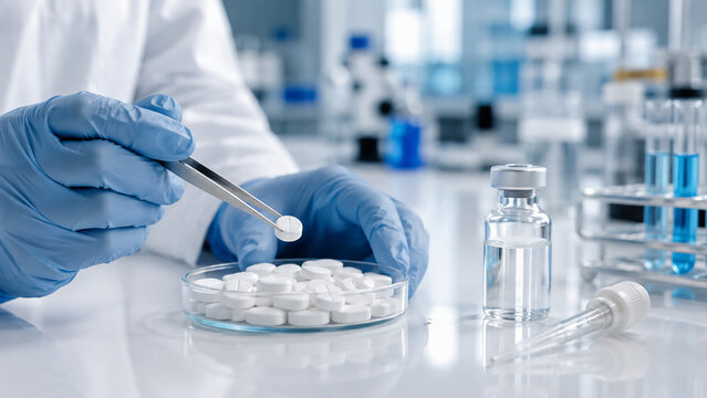 A scientist wearing blue gloves uses tweezers to place white tablets on a petri dish in a modern laboratory setting.