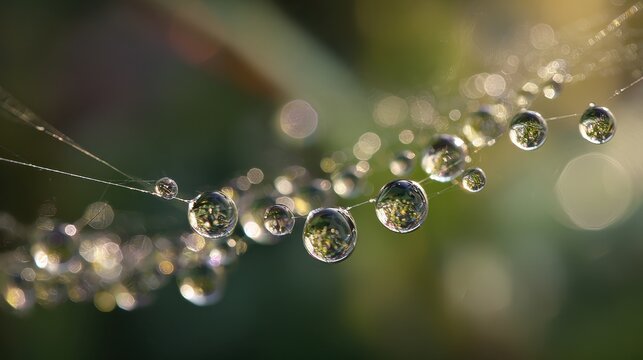 A close up view of dew drops on a spider web capturing the beauty of nature illuminated by gentle morning light
