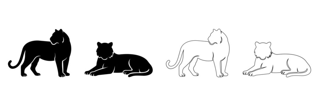 Abstract tiger macan silhouette icons including standing and lying poses with outline variations for wild animal conservation graphics