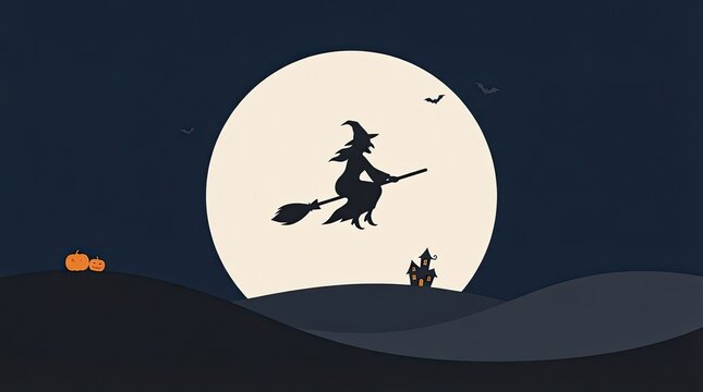 A spooky silhouette of a witch flying on a broomstick across a large full moon to celebrate a happy halloween day