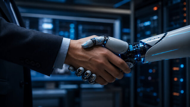 A human and a robot shaking hands in a high-tech server room, symbolizing collaboration between humans and artificial intelligence.