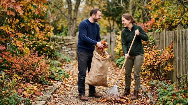 Happy couple collecting autumn leaves in a garden. Man and woman raking and cleaning backyard path on a fall day