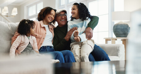 Fototapeta premium Grandfather, mother and children laugh in home with hug, humor or bonding together for weekend visit. Happy people, senior man and parent in lounge with girl kids, joke or family generations embrace.