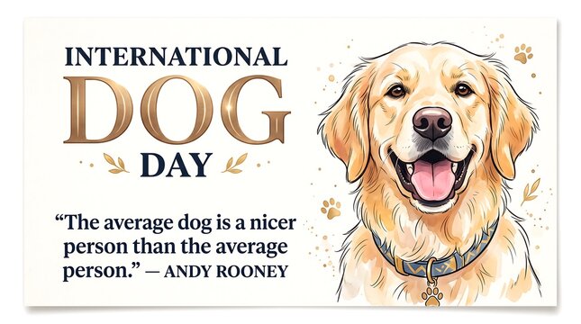 International Dog Day greeting card featuring a golden retriever illustration with a quote by Andy Rooney on a clean white background