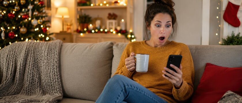 surprised woman looking at smartphone while holding mug on couch in christmas decorated living room