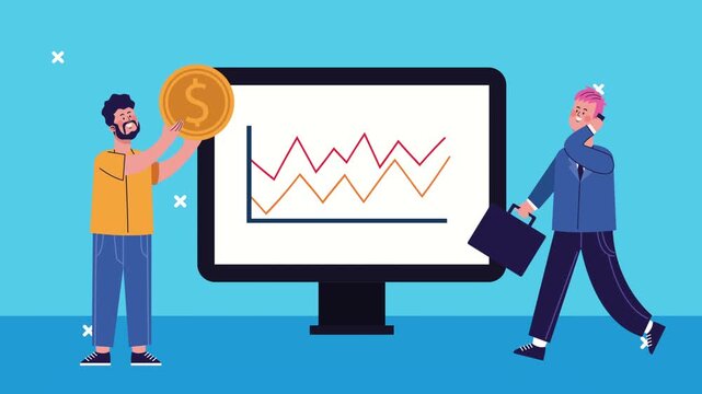 Cartoon Businesspeople Standing Beside Computer Monitor Displaying Growth Line Graphs on Blue Background, Concept of Business Teamwork, Financial Analytics, and Success Motion Graphic.