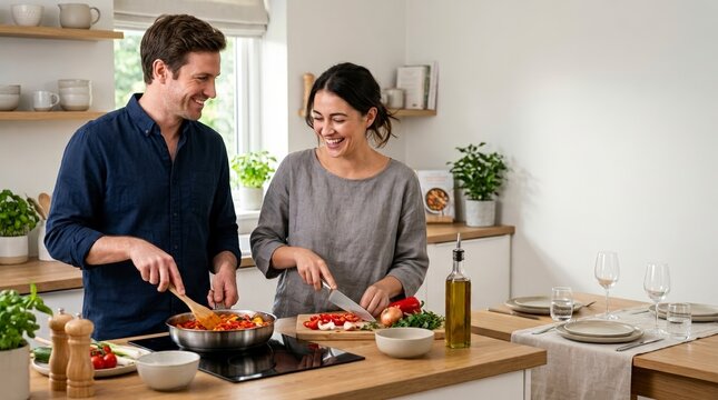 Happy couple cooking dinner together in a modern kitchen. Smiling man and woman preparing a healthy meal with fresh vegetables on a wooden countertop