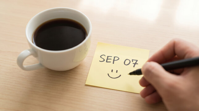 Labor day concept with coffee cup and sticky note reading sep 07