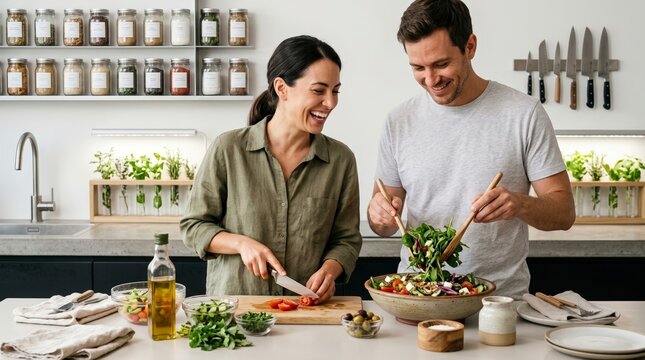 Happy couple preparing a fresh salad together in a modern kitchen. Man and woman cooking healthy meal with organic vegetables