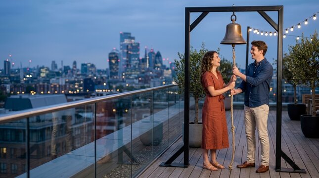 Couple ringing a bronze bell on a city rooftop at twilight. Man and woman celebrating on a wooden deck with illuminated skyline background