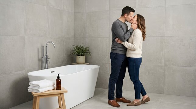 Couple kissing in a modern minimalist bathroom next to a freestanding bathtub. Man and woman embracing in a spa style interior. Romantic home intimacy concept