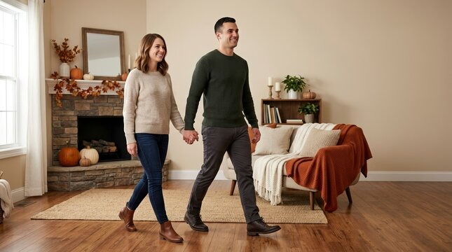 Smiling couple holding hands while walking in a cozy living room. Happy man and woman in a home decorated for autumn. Fall seasonal lifestyle concept