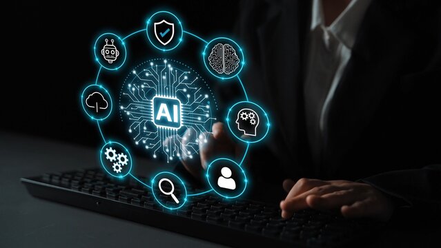 Business professional interacting with artificial intelligence symbols on digital interface with keyboard in dark environment showcasing technology concept. Entropy.