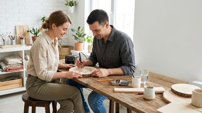 Creative couple working on a wood burning craft in a bright studio. Smiling man and woman engraving a wooden slice. DIY hobby and teamwork concept