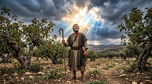 The prophet Amos, a rugged shepherd and fig tree farmer, receiving profound prophetic visions while standing among his flocks