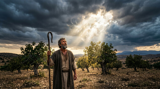 The prophet Amos, a rugged shepherd and fig tree farmer, receiving profound prophetic visions while standing among his flocks