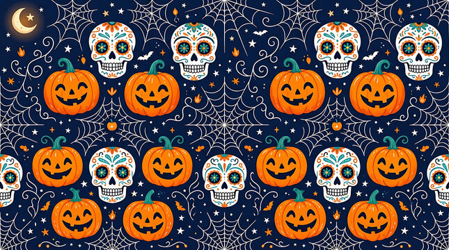 Halloween skulls and pumpkins seamless pattern