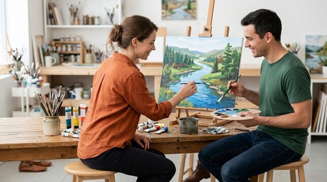 Happy couple painting a river landscape on canvas in an art studio. Man and woman collaborating on a creative painting project