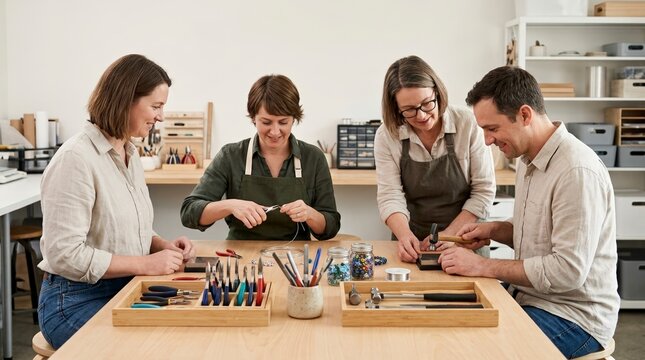 Jewelry making class in a bright workshop. Group of people learning to craft handmade jewelry with pliers and beads. Creative artisan hobby workshop