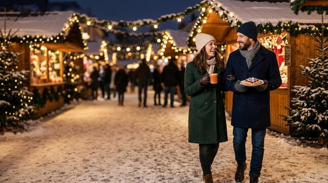 Happy couple walking through a snowy Christmas market at night. Smiling man and woman enjoying festive food and drinks outdoors