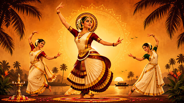 Female dancers performing classical dance gracefully near traditional flower rangoli outdoors celebrating happy onam a highly cherished south indian festival in kerala