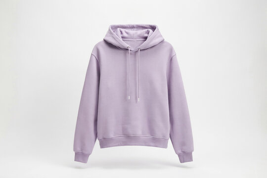 Lavender pullover hoodie on white background, minimalist studio apparel mockup with drawstrings and kangaroo pocket for ecommerce product listing