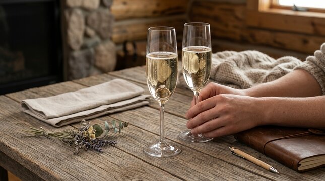 Engagement ring inside a champagne glass on a rustic wooden table. Cozy cabin interior with hands resting near a leather journal. Romantic marriage proposal concept