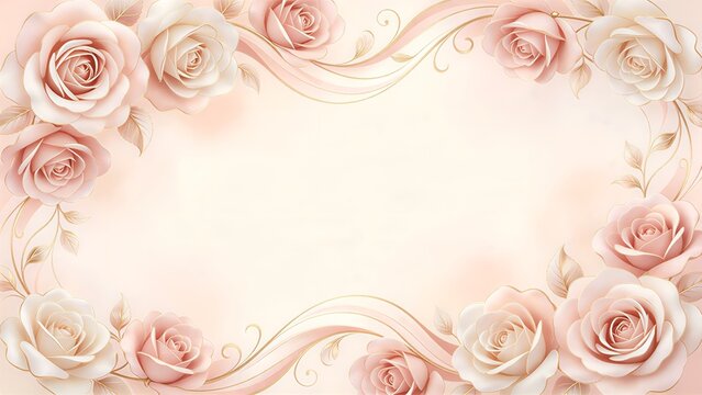 Elegant luxury floral border frame made of soft pink and ivory white rose flowers with sweeping lines of golden vines and swirling scrolls, pastel background, romantic graceful botanical backdrop