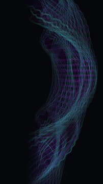 Seamless vertical video background featuring a twisting 3D lattice network. Cyan and violet geometric threads condense into cellular nodes across a dark abstract space.