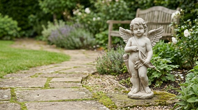 Stone Cupid statue holding a bow on a garden path. Winged angel sculpture in a lush backyard with a wooden bench and white roses