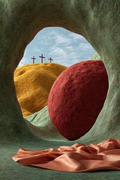Easter tomb cave scene with red stone sphere and three crosses on yellow hill for background poster and wallpaper design