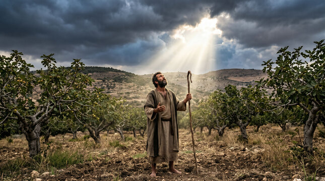 The prophet Amos, a rugged shepherd and fig tree farmer, receiving profound prophetic visions while standing among his flocks
