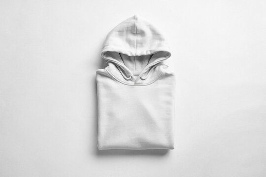 White cotton hoodie neatly folded on a light gray background, minimal flat lay product photo with soft shadows for apparel ecommerce and branding mockups