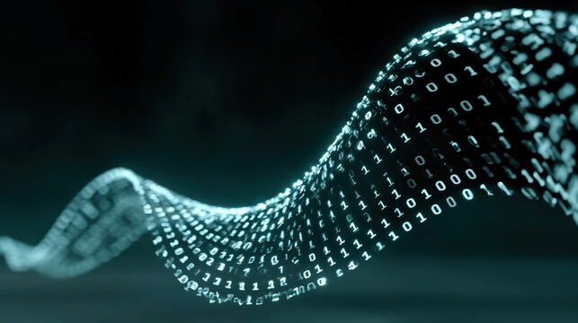 Flowing ribbon of luminous cyan binary digits 0 and 1 curving across dark teal background, digital DNA helix wave with structured fluid grid and soft glowing aura