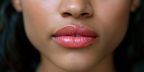 Naklejka premium Closeup glossy lips macro detail of female mouth with pink lip gloss for beauty banner and makeup product advertising