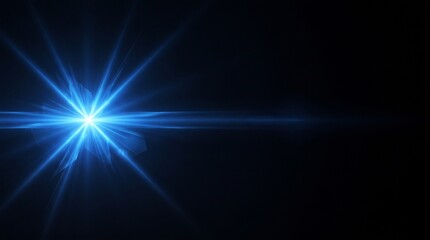 Fototapeta premium Abstract Blue Light Lens Flare Effect with Glowing Star Rays on a Deep Dark Background for Digital Graphic Design