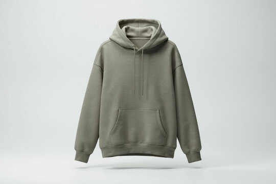 Olive green pullover hoodie mockup on light gray background, front view with hood and kangaroo pocket for streetwear apparel branding