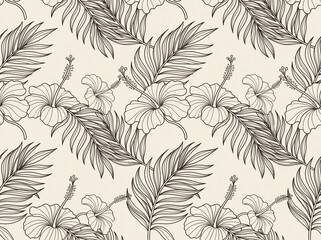 Pattern seamless hibiscus palm in floral tropical flower of leaf vintage sketch line art drawing background texture exotic botanical foliage textile wallpaper © AfsanaBinteSalam