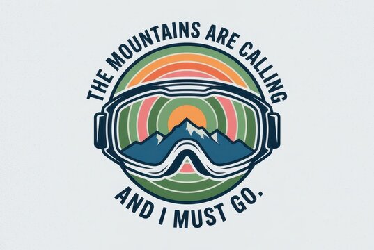 Retro Style Ski Goggles Badge with Mountain Reflection and The Mountains Are Calling Quote for Winter Adventure