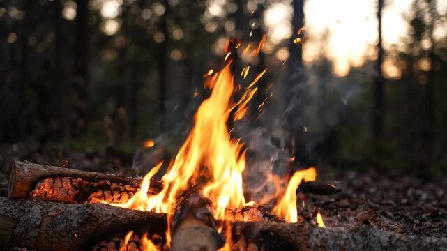 Crackling campfire burning with glowing embers and sparks flying in a forest at dusk, warm cozy atmosphere