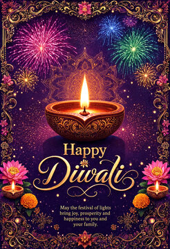 Beautiful diwali festival greeting card with diya lamp fireworks and lotus flowers celebration design