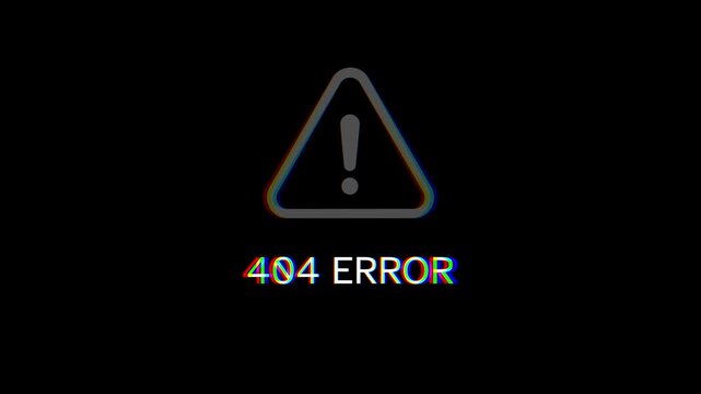 404 error page with a glitch effect and a warning triangle, representing a broken link or a missing web page on a dark background, digital glitch warning