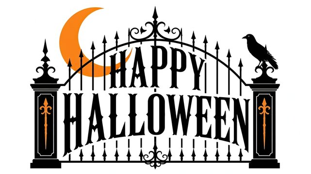 Halloween greeting sign with crescent moon and blackbird on gothic iron gate