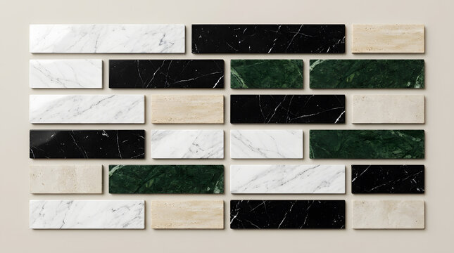 Luxurious marble stone bricks wall pattern layout, white black green marble and travertine rectangular samples set on neutral background