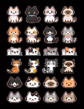 Pixel art cat stickers set with cute kawaii kitten avatars for 2d game asset