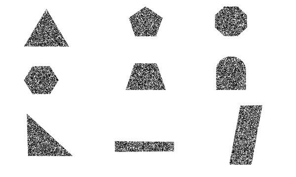 Distressed geometric shapes collection, grainy halftone texture icons. Set of 9 black stippled polygons, vintage noise effect design elements.