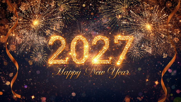 Happy new year 2027 festive golden text and fireworks background with fireworks background celebration sparkling greeting luxurious template midnight abstract invitation calendar