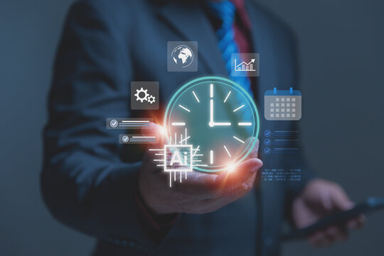A professional businessman holds glowing digital clock icon in the palm of his hand, with the clock symbol representing effective time management and scheduling by an advanced artificial intelligence.