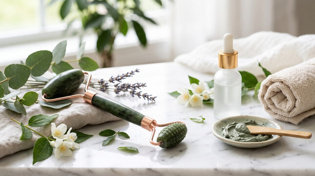 Daily skin care routine items featuring jade roller and facial mask. Skin care routine promotes relaxation with essential oils and towels. Aesthetic skin care routine concept for wellness hobby.